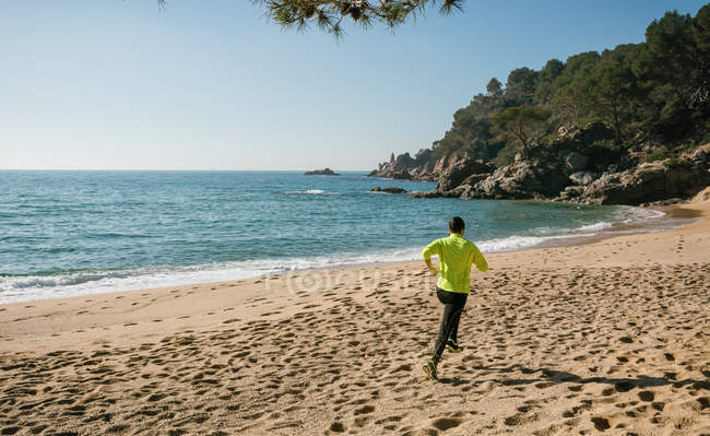 Vue arrière de l'homme faisant du jogging à la plage de sable idyllique — Photo de stock