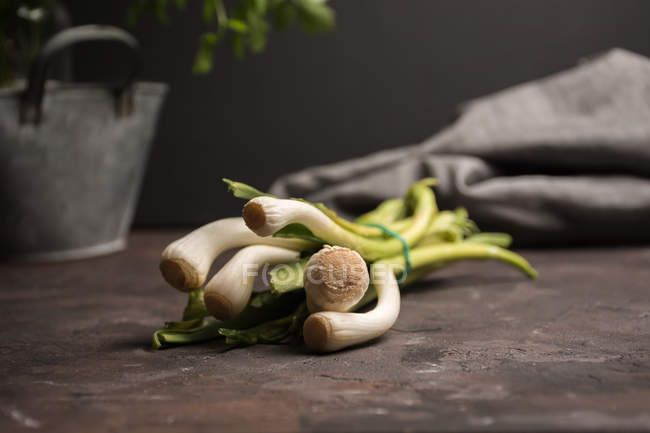 Natura morta di mazzo di aglio verde su tavolo — Foto stock