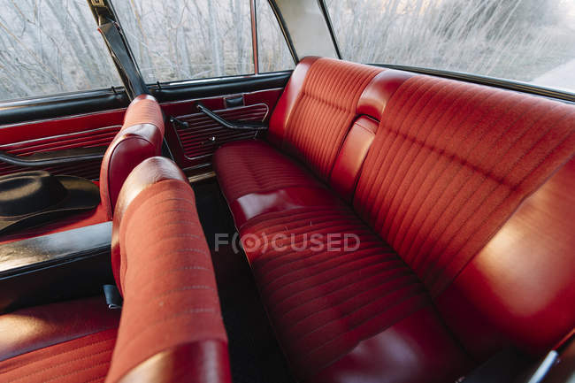 Interior of vintage old car parked in nature in sunny day. — Stock Photo