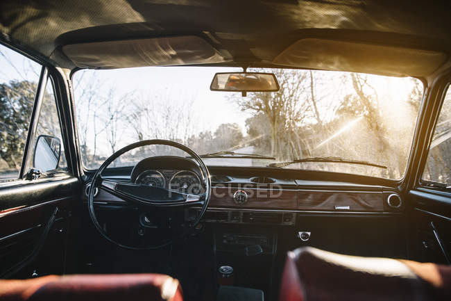 Interior do carro velho vintage estacionado na natureza no dia ensolarado . — Fotografia de Stock