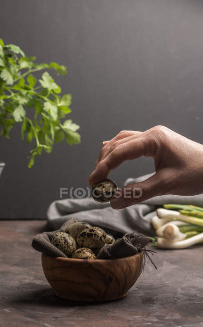 Crop male hand holding egg of quail over wooden bowl at table — Stock Photo