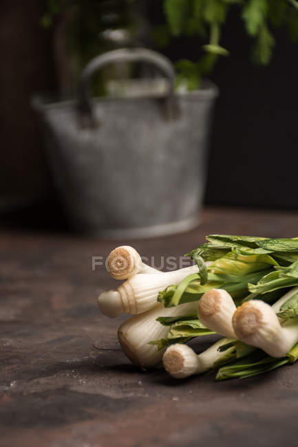 Bunch of fresh and green garlic on table — Stock Photo
