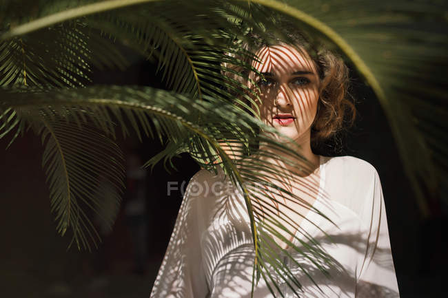 Mujer joven en vestido blanco posando en hoja de palma y mirando a la cámara - foto de stock