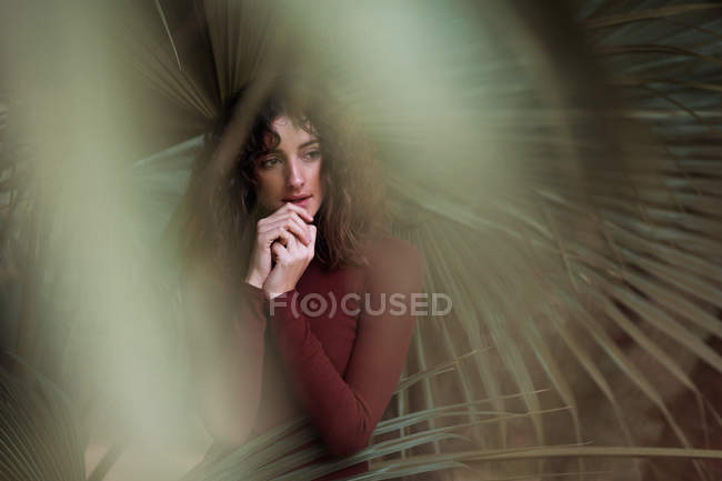 Sensual brunette with curls posing with hands on chest among palm leaves. — Stock Photo