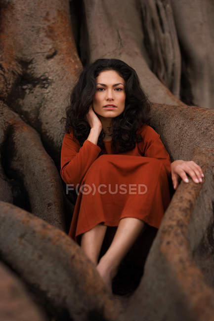 Attraktive brünette Frau sitzt in großen Wurzeln und schaut in die Kamera — Stockfoto