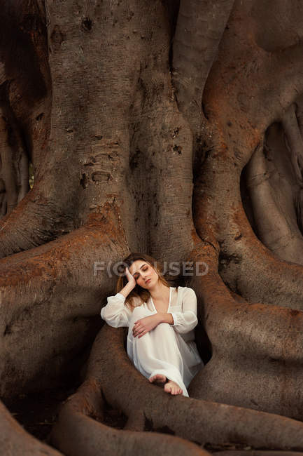 Женщина сидит в корнях деревьев с головой на руке и смотрит в камеру — стоковое фото