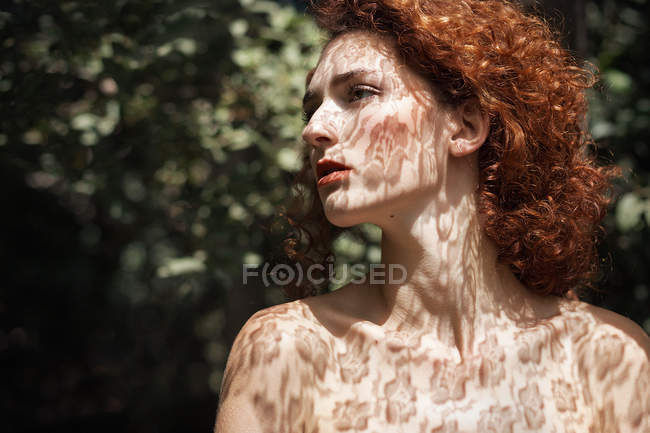 Chica jengibre sensual posando en las sombras de encaje - foto de stock