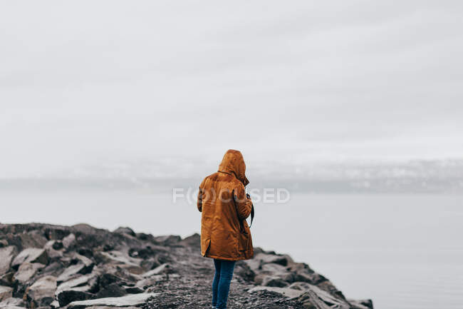 Personne anonyme en manteau debout sur la côte de roches grises avec de l'eau brumeuse sur le fond, Islande. — Photo de stock