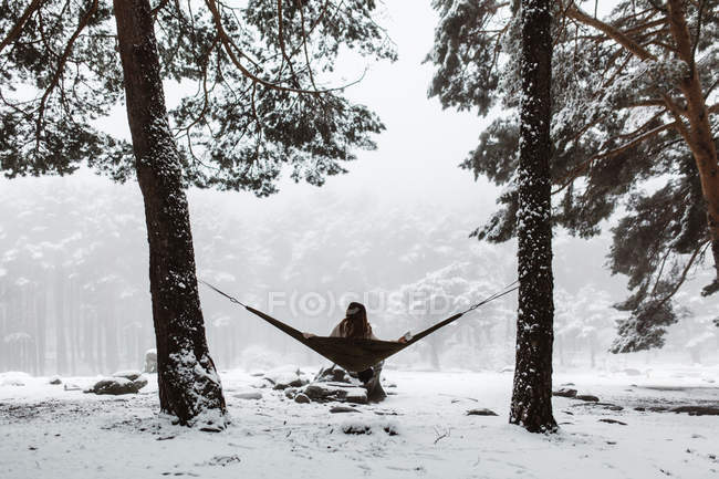 Женщина в гамаке зимой — стоковое фото