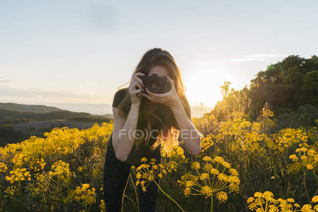 Жінка фотографує жовтими квітами — стокове фото