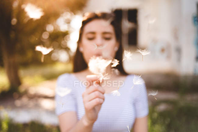 Woman blowing on dandelion — Stock Photo