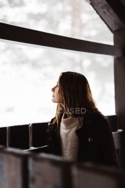 Frau steht im Winter am Zaun — Stockfoto