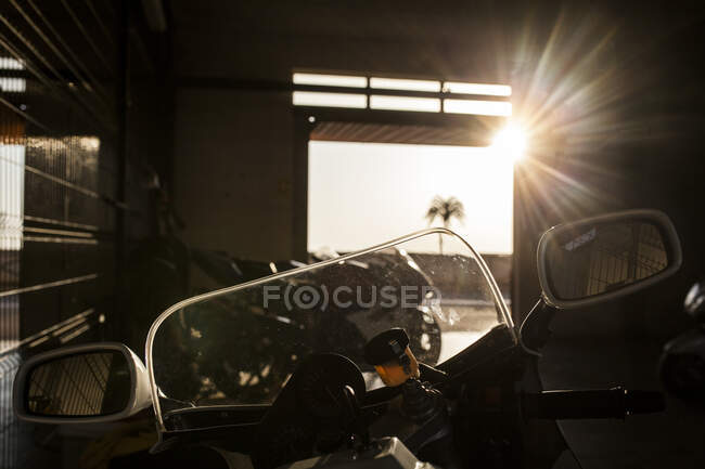 Garage intérieur avec porte ouverte et vue sur la lumière du soleil et la silhouette de la paume — Photo de stock