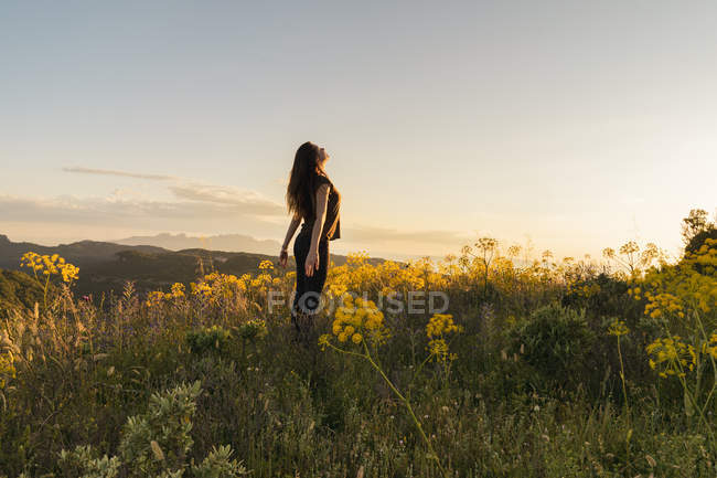 Mujer de pie en la montaña El Montcau - foto de stock