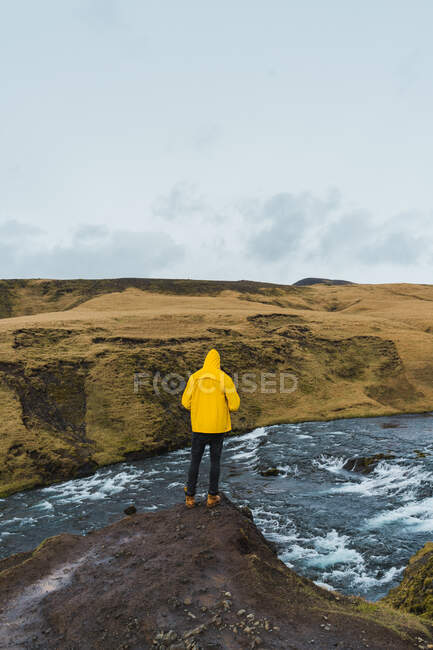 Rückansicht der Person, die die Aussicht und den Fluss in Island betrachtet — Stockfoto