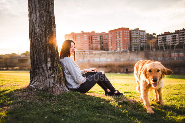 Женщина с собакой сидит под деревом — стоковое фото