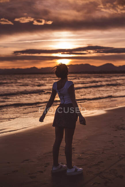 Вид сзади стильной девушки, держащейся за руки и наслаждающейся жизнью на песчаной короткой линии в ярком закате. — стоковое фото