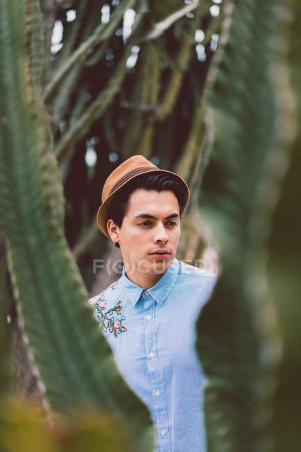 Thoughtful man standing at cactus — Stock Photo
