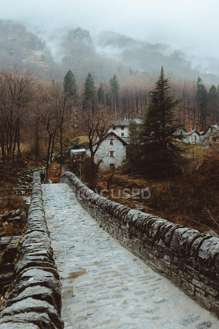 Steinbrücke und Dorfhäuser — Stockfoto