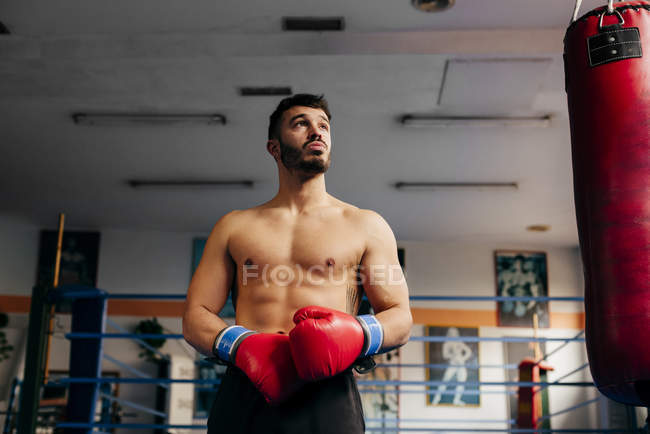 М'язистий чоловік в рукавичках, стоячи в спортзалі — стокове фото