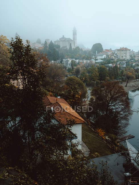 Город с голыми деревьями и прудом — стоковое фото