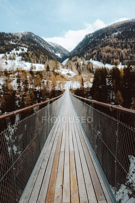 Puente de madera en el bosque en invierno - foto de stock