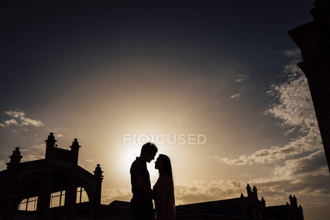Vista laterale di silhouette di giovane coppia in piedi e abbracciando nel parco. — Foto stock