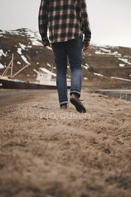 Visão traseira do homem turista cultura andando na grama seca na beira da estrada na Islândia — Fotografia de Stock
