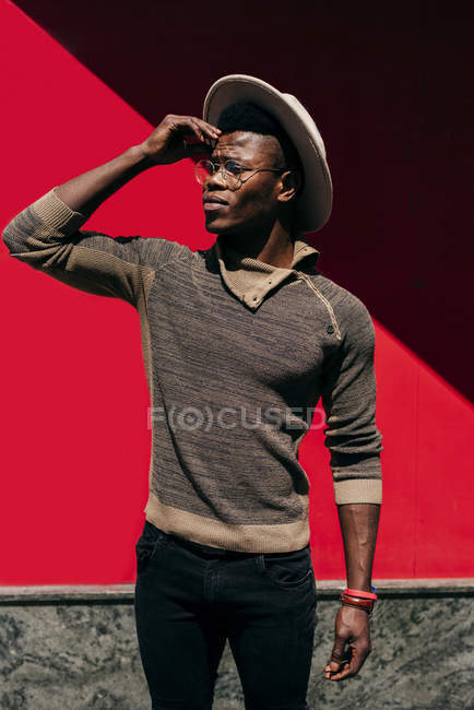 Black male in hat and glasses — Stock Photo
