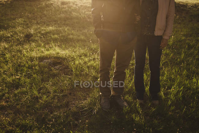 Vista frontal de una pareja abrazándose en el bosque al atardecer - foto de stock