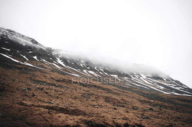 Vue sur les collines enneigées avec de l'herbe sèche recouverte de brouillard le matin en Islande — Photo de stock