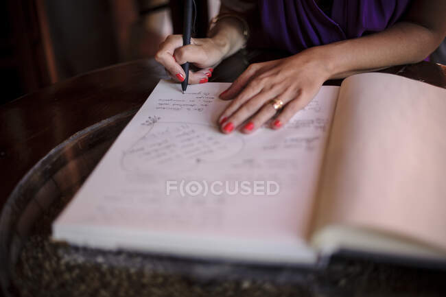Crop unrecognizable woman writing wishes in the journal. — Stock Photo