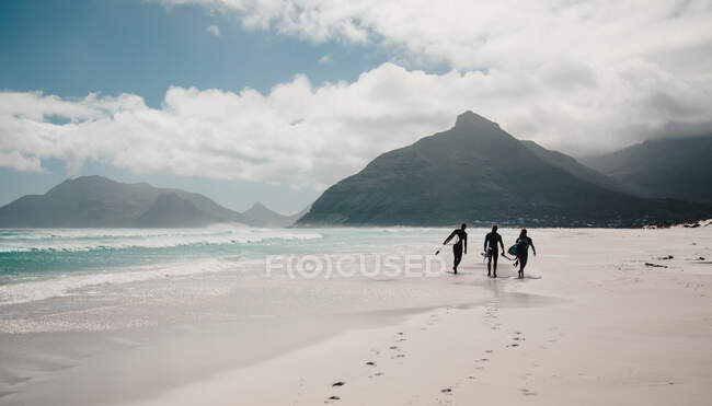 Vista trasera de personas con tablas de surf caminando en la orilla arenosa en el océano. - foto de stock