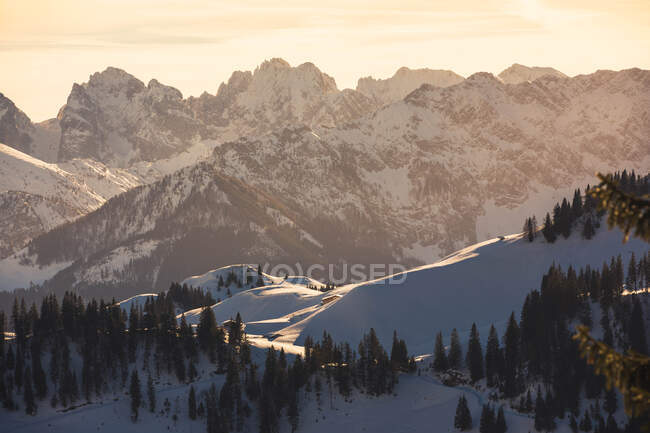 Pittoresca vista sulle montagne coperte di foresta e neve in inverno giornata di sole. — Foto stock