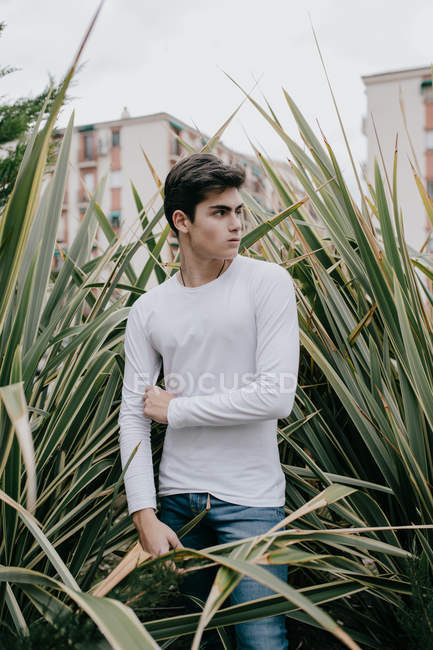Handsome young fashionable teenager standing in green bush — Stock Photo