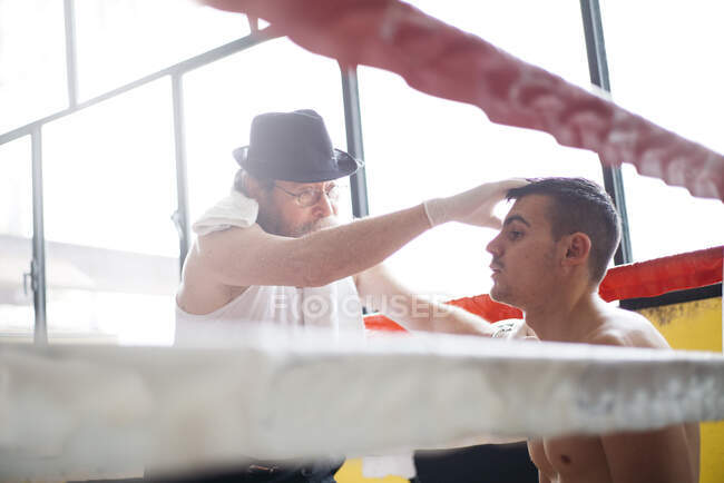 Manos de médico irreconocible revisando el ojo del boxeador en el anillo de boxeo. - foto de stock