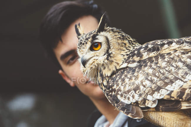 Man looking at owl sitting on hand — Stock Photo