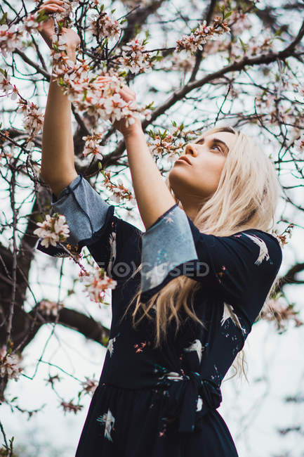 Femme blonde réfléchie debout à l'arbre en fleurs — Photo de stock