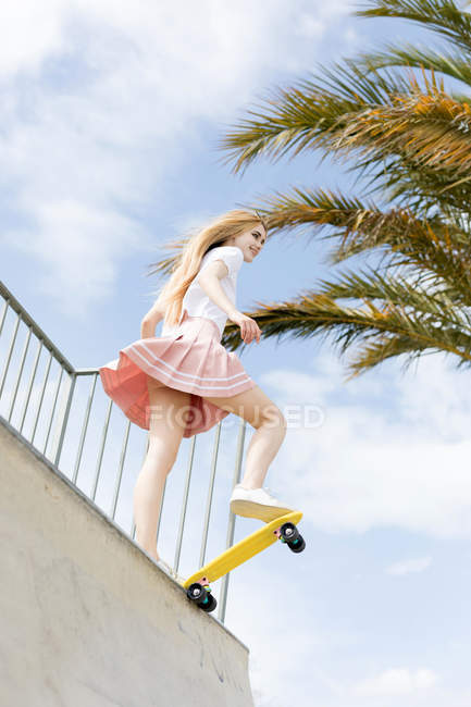 Smiling girl with penny board in skate — view, long hair - Stock Photo | #204212816