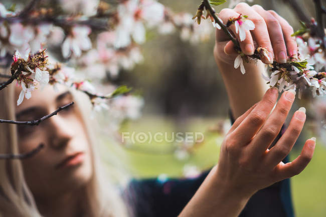 Jeune femme blonde debout à l'arbre en fleurs et la fleur touchante — Photo de stock