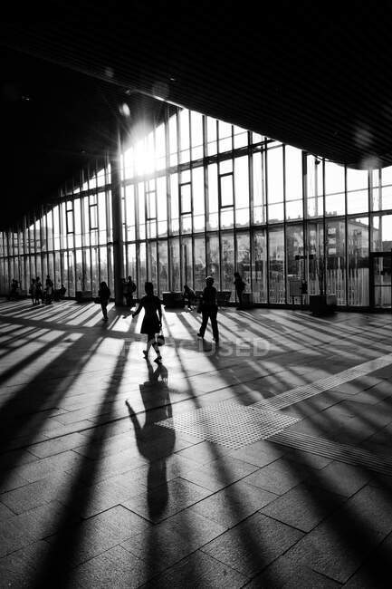 Black and white shot from inside of people in spacious hall with sunlight shining through high glass windows — Stock Photo