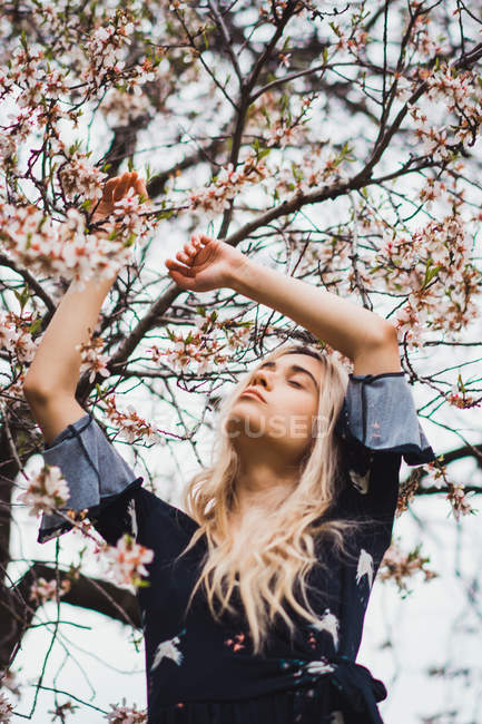 Young blonde woman with closed eyes standing at blooming tree with hands up — Stock Photo