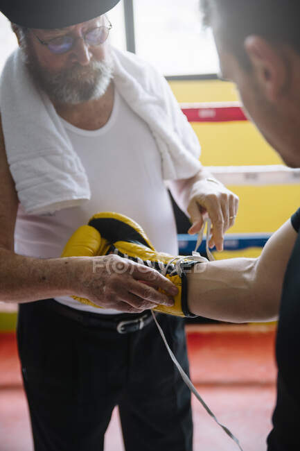Adulto treinador amarrando luva boxer na mão de desportista no ringue. — Fotografia de Stock
