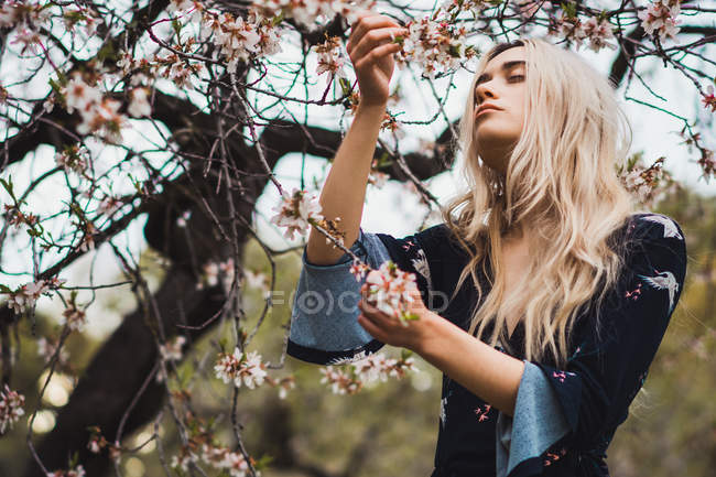 Jovem mulher loira em pé na árvore florescente e tocando flor — Fotografia de Stock