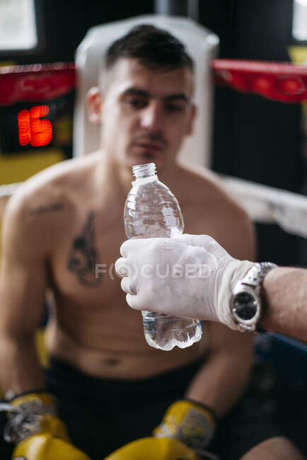 Crop mão dando garrafa de água para boxeador sentado no ringue. — Fotografia de Stock