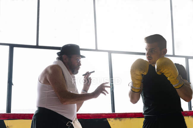 Вид збоку дорослого чоловіка з тренувальним боксером у спортзалі . — стокове фото