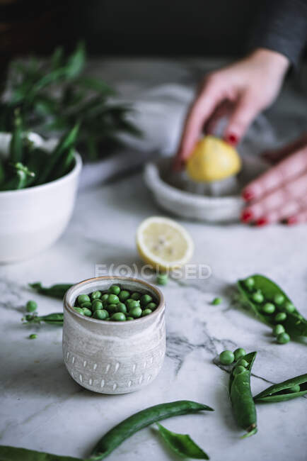Jar with tasty peas — Stock Photo