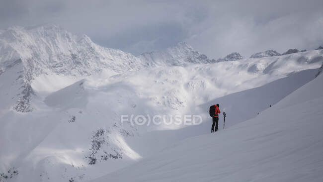Seitenansicht eines unkenntlichen Wanderers mit Stöcken, der auf einem schneebedeckten Hügel geht. — Stockfoto