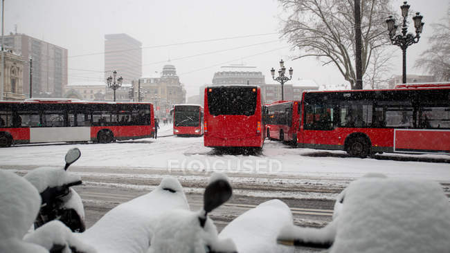 Autobuses rojos en el aparcamiento de Bilbao, España . - foto de stock