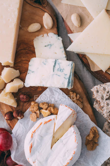 Placa de queijo com nozes e uvas — Fotografia de Stock